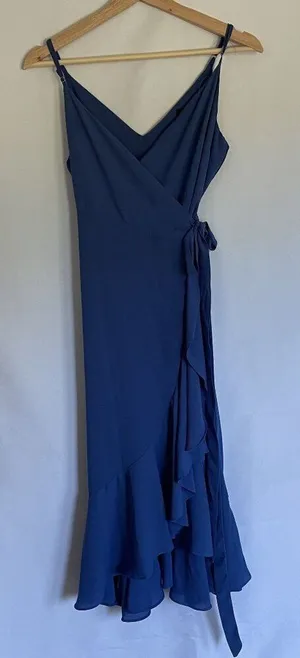 Lulus blue wraparound spaghetti strap flowy summer dress‎ elegant style dramatic thumbnail 1