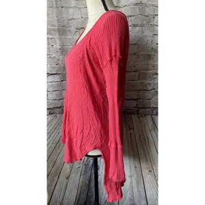 Free People Womens Shirt Sz XS Coral Waffle Knit‎ Long Sleeve Casual thumbnail 2