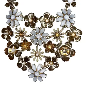 Floral Gold and White Statement Necklace thumbnail 2