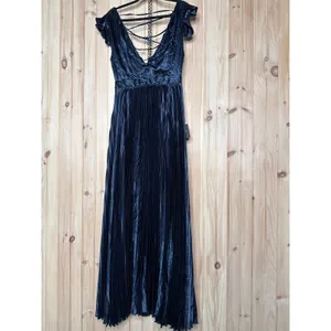NWT Lulus Exceptional Drama Navy Blue Satin Lace-Up Pleated Maxi Dress Luxe Sz L thumbnail 2