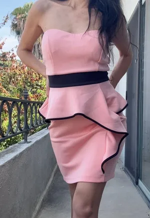 Elegant Peach Strapless Peplum Ruffle Dress Size Small Coquette Glam thumbnail 1