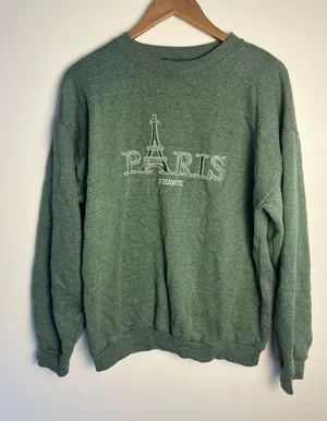 Vtg XL Flay Energy Paris France Eiffel Tower Embroidered Sweatshirt Green Travel thumbnail 1