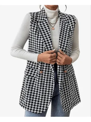 NEW Houndstooth Lapel Button Front Blazer Sleeveless Long Vest M Black Size M thumbnail 3