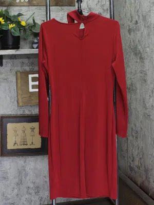 Susan Graver Premier Knit Mock Neck Cold Shoulder Dress Dark Cranberry Red M thumbnail 2