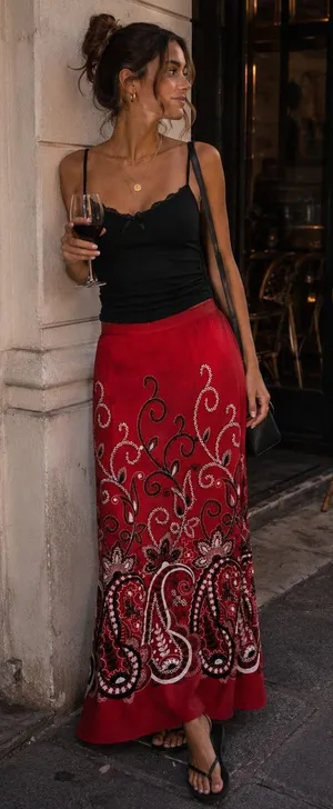 Red Embroidered Paisley Boho Maxi Skirt Small Peasant Maximalist thumbnail 1