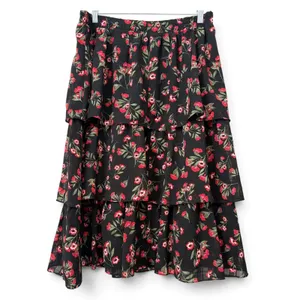 Draper James RSVP Black Red Floral Tiered Midi Skirt Elastic Waist Large L thumbnail 4