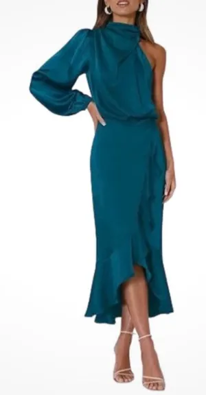 NEW Satin Formal 1 Shoulder Mock Neck Long Sleeve Bodycon Mermaid Midi S thumbnail 1