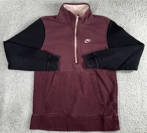 Nike Quarter Zip Pullover Women S Burgundy Black Colorblock‎ Fleece Mock Neck thumbnail 1
