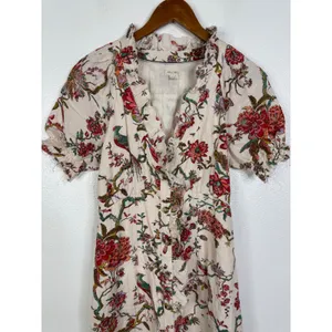 Pilcro Linen Blend Floral Bird Print Ruffle Midi Dress Puff Sleeve Cream Multi 4 thumbnail 3