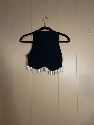 Zara Black Ribbed Crop Top with Rhinestone Fringe Hem Size L thumbnail 3