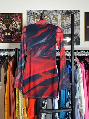 Edikted Sparks Fly Mesh Mini Dress Red Black Swirl Slit Bell Sleeve Medium New thumbnail 10