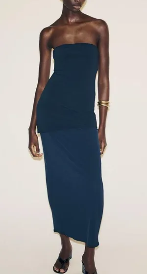 Zara NWT navy blue drop waist combination midi dress thumbnail 1
