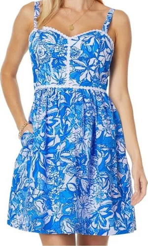 Lilly Pulitzer Haylan Cotton Dress Blue Tang Flocking Fabulous Fit Flare Sz 0 thumbnail 1
