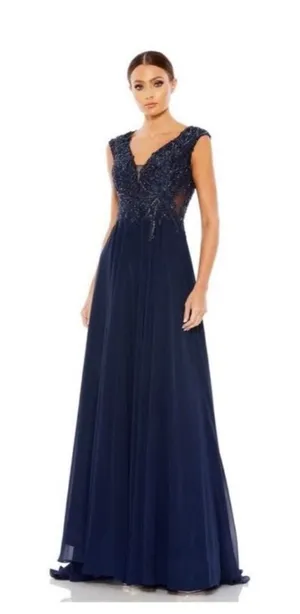NWT Mac Duggal 20264‎ Appliqued Cap Sleeve Bodice Flowy Gown Navy Sz 10 $598 thumbnail 1