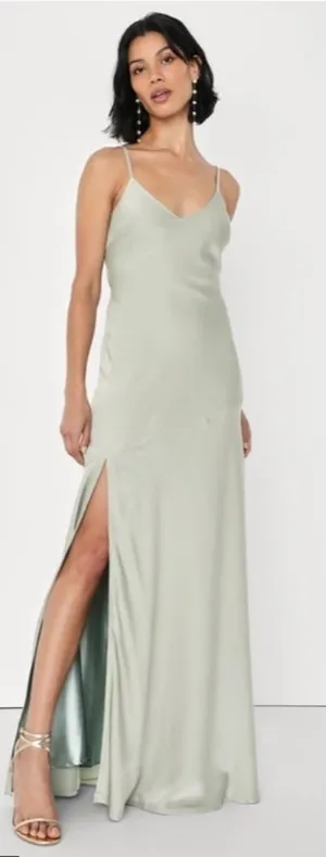 LULU's Bridesmaid Prom Wedding Sexy Open Back Satin Sage Green Maxi Dress thumbnail 1
