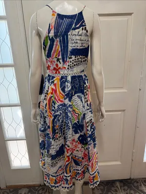 Farm Rio Cotton Floral Print Maxi Dress Eyelet Midi Fit Flare Dress Size XSmall thumbnail 10