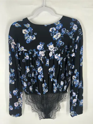 Free People‎ Black and Blue Floral Tie-Front Bodysuit thumbnail 8