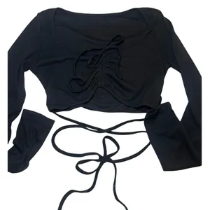 Ruched Bust Wrap Tie Long Sleeve Crop Top Black Medium Y2K Coquette Balletcore thumbnail 2