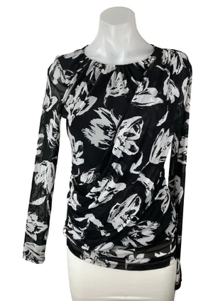 INC International Concepts Black White Floral Mesh Long Sleeve Blouse Top Size S thumbnail 1