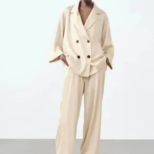Zara | Wrinkle Satin Effect Double-Breasted Blazer & Wide Leg Pants Set thumbnail 6