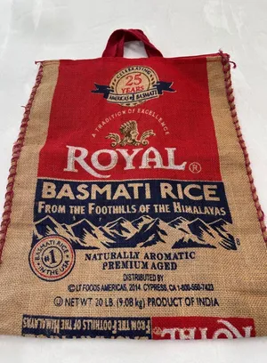 Royal Basmati Rice Burlap Tote Bag Reusable Zippered Market Sack Red Tan 18x13.5 thumbnail 1