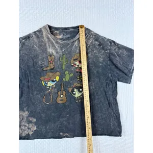 Cartoon Network Powerpuff Girls Western Cowboy Acid Wash Cropped Graphic T-Shirt Large Gray thumbnail 3