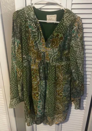 Anthropologie Floreat Amelie silk dress featuring green paisley patchwork print thumbnail 1
