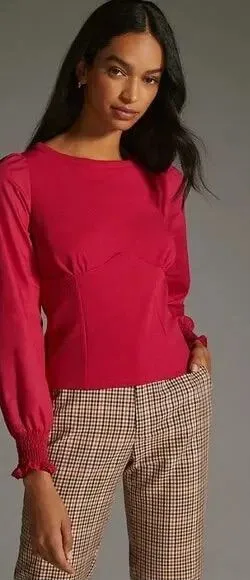 Anthropologie Cherry Red Long-Sleeve Peplum Blouse thumbnail 1