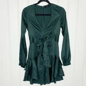 Storia Emerald Green Jacquard V-Neck Ruffle Mini Dress Small 857 thumbnail 2