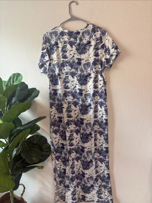 Blue and white Tie-Dye Midi Dress - Short Sleeve scoop neck Large thumbnail 5