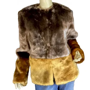 New Look Brown And Yellow Color Block Faux Fur Jacket (M) thumbnail 2
