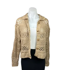 Gilli Beige Collared Button Down Crochet Knit Boho Cardigan Sweater Top Size S Brown thumbnail 2