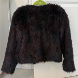 H&M Faux Fur Burgundy + Navy Toned Faux Leather Trim Coat thumbnail 7