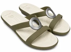Crocs Sanrah Sandals Women Size 9 Beveled Circle Wedge Khaki Oyster Slip On Shoe thumbnail 1