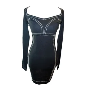 Say What Y2K Black Rhinestone Bodycon Mini Dress Long‎ Sleeve S NWOT thumbnail 2