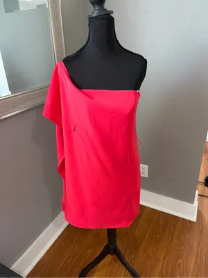 Halston Heritage Asymmetric Off-Shoulder Cocktail Dress Pink Barbie 0 thumbnail 2