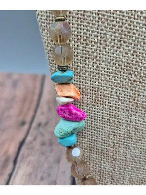 Handmade Bohemian Style Beaded Necklace Colorful Stone & Brown Leather Tassel Pendant 32" thumbnail 7