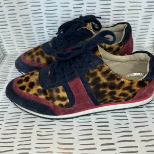 Boden‎ Womens Leopard Calf Hair Suede Sneakers Brown Navy Burgundy Lace Up 37/6 thumbnail 2