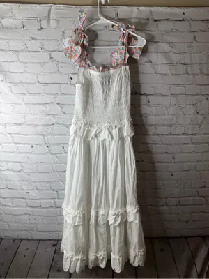 Horror Vacui White Maxi Sundress with Floral Tie Straps small thumbnail 2