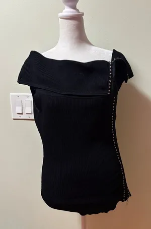 Cache Y2K off shoulder rhinestone zipper sleeveless top L black ribbed thumbnail 1