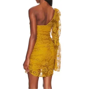 For Love & Lemons Yellow Tiana Lace One Shoulder Mini Dress Size Medium NWT thumbnail 7