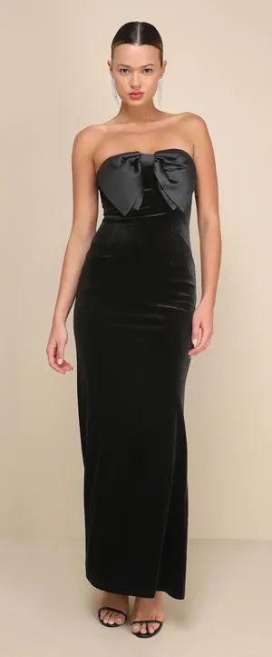 Lulus Dramatic Stunner Black Velvet Bow Strapless Maxi Dress Sz L Glam Galas $88 thumbnail 1