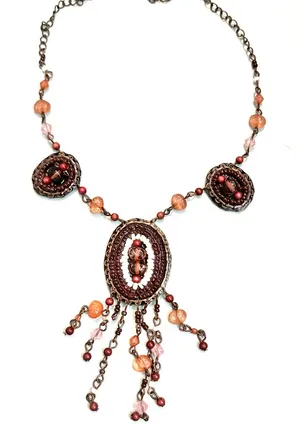 Unique Bronze and Pink Beaded Pendant Necklace thumbnail 1