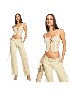 NWT I.AM.GIA Elena Top S Tan Ivory Lace Corset Sheer Crop Burnout Cut Out Velvet thumbnail 4