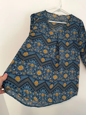 PINK ROSE Blue Mustard Navy Floral Chevron 3/4 Sleeve Roll Tab Sleeve Blouse Top thumbnail 7