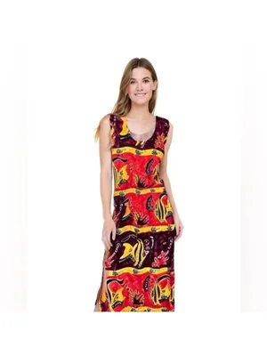 Dunn’s River Falls Jamaica Ocean Fish Sea Life Red Sleeveless Maxi Dress Vintage thumbnail 2
