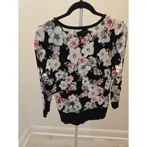 White House Black Market WHBM Floral Button Cardigan Sweater Black Pink Women L thumbnail 4