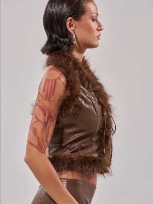 Faux Leather Brown Fur-Trim Vest thumbnail 5