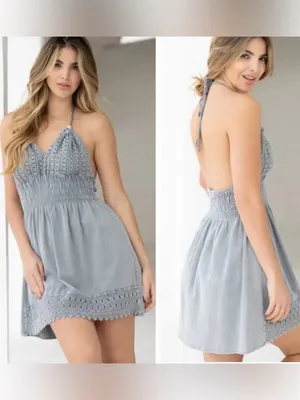 BLANCO by NATURE Summer Wash Gray Mika Beaded Crochet Backless Halter Dress Med thumbnail 2