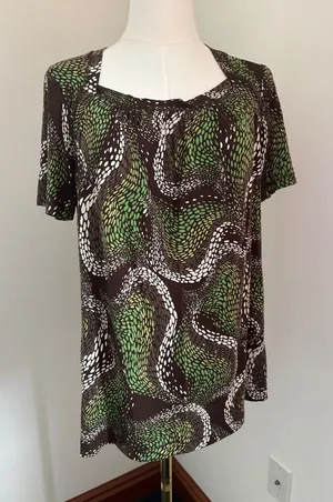 LOFT Brown, Green and White Abstract Swirl Short Sleeve Blouse thumbnail 1